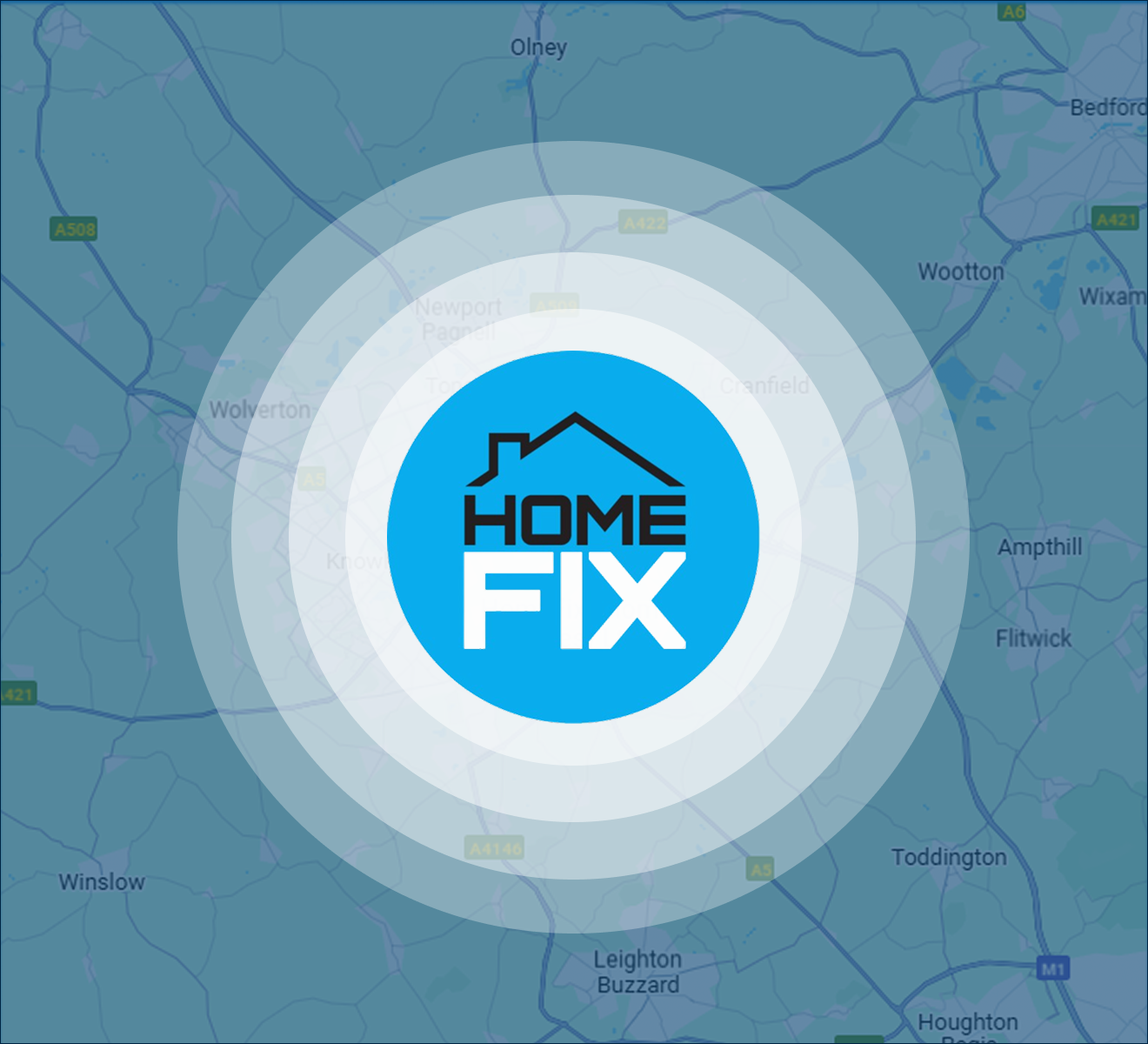 Logo Map Blue-tinted map with concentric circles and a central "HOME FIX" logo featuring a house roof icon.
